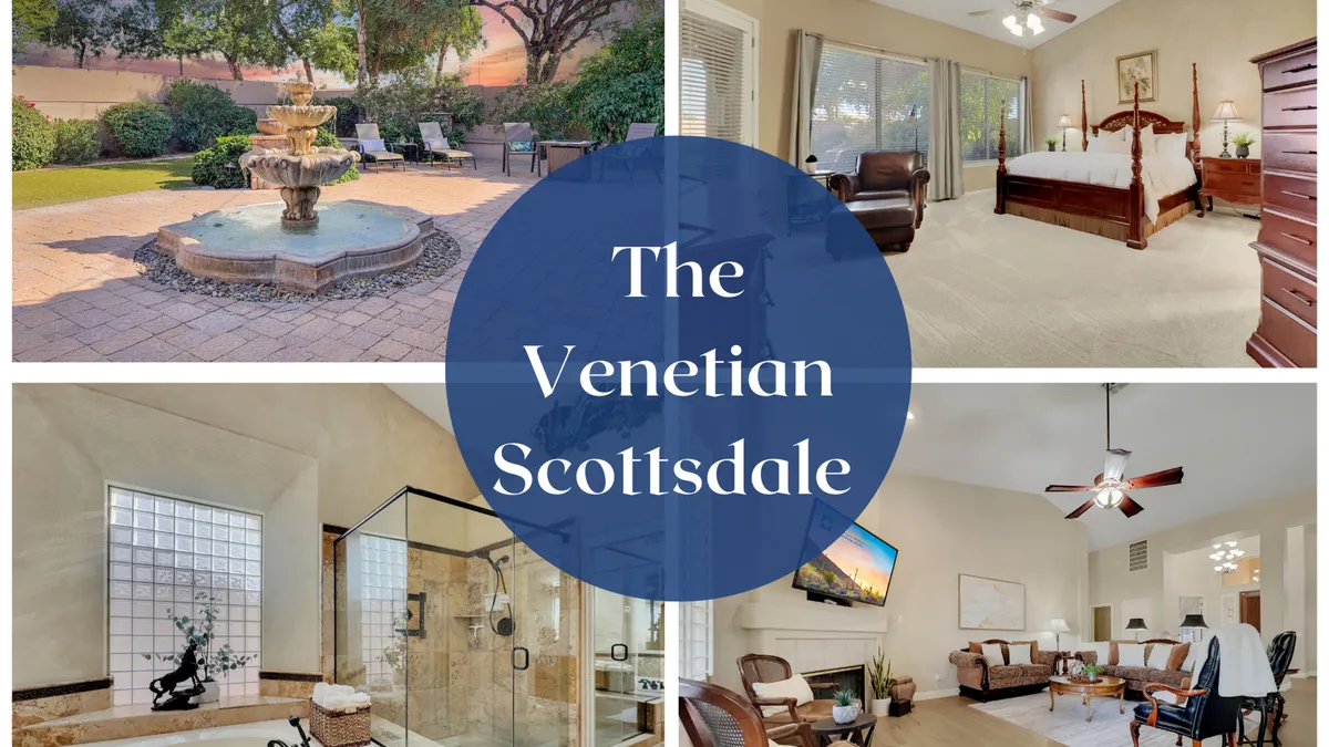 The image displays a serene and upscale interior, featuring an inviting living room setup ideal for cozy gatherings, a luxurious bathroom perfect for spa-like relaxation, a tranquil outdoor fountain visible from inside, and a beautifully appointed bedroom set. The atmosphere is calm and welcoming, exuding comfort and elegance for large groups or families.